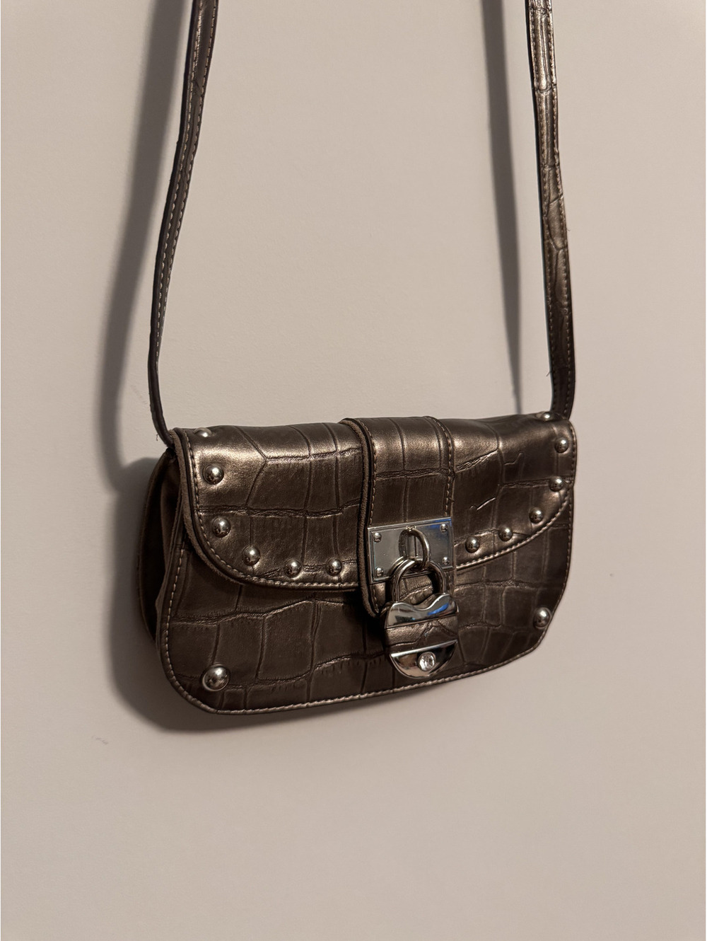 Kathy Van Zeeland Vintage Y2K Metallic Bronze Faux Croc Crossbody Padlock Bag